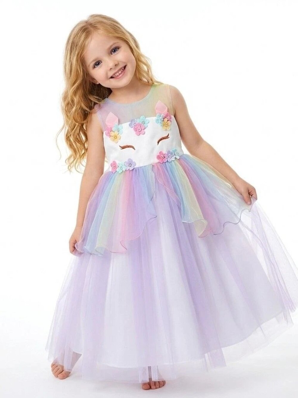 Girls Unicorn Princess Dress Pastel Rainbow Tulle Birthday Party Outfit (Size 5)
